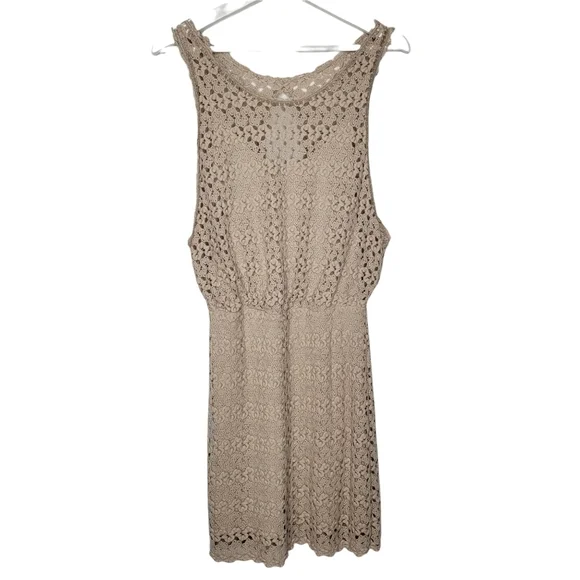 FREE PEOPLE Nude Mini Dress Lily Crochet Blouson Lace Overlay Cutout Women Small - Picture 2 of 14